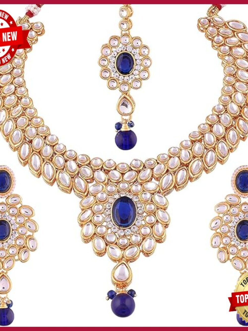 Fancy Bollywood Party Wear Necklace Set with Earrings Maang Tikka Indian Kundan